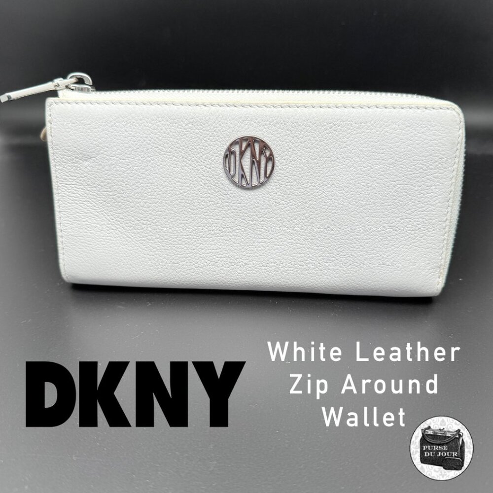 DKNY White Pebbled Leather Zip Around Long Wallet